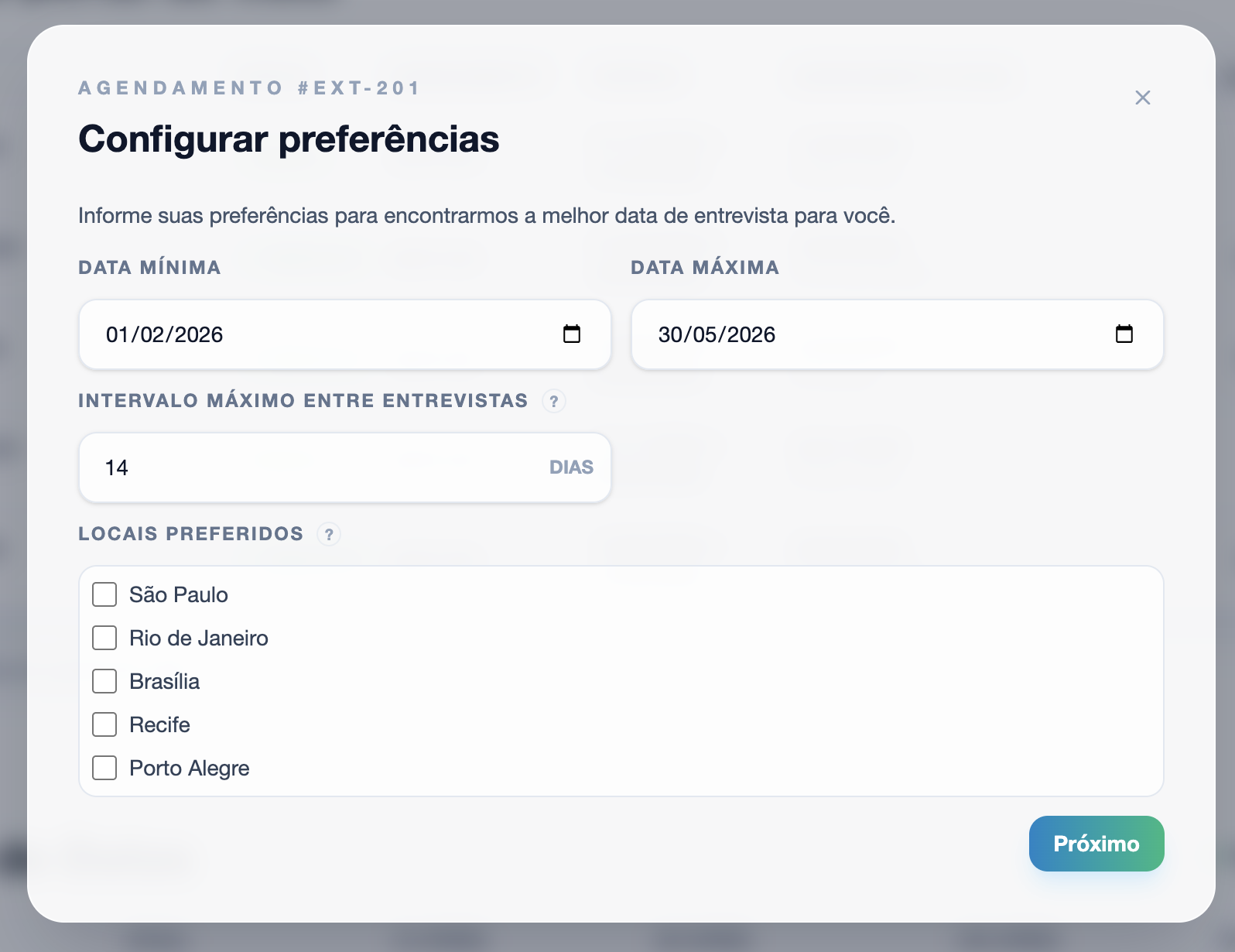Modal de configuração de preferências